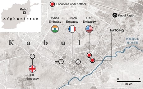 Graphic showing location of Kabul attacks