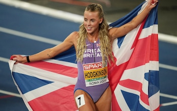 Keely Hodgkinson celebrates winning the 800m final