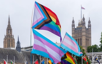 Progress and trans pride with the palace of Westminster in the background