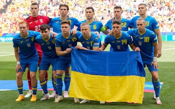 The Ukrainian squad pose before their group opener against Romania at Euro 2024