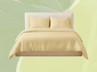 Collage of a bed with yellow bedding on a green background