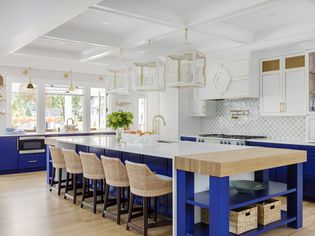 gold, blue, and white kitchen