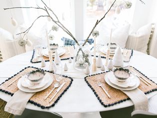 Blue and white Christmas tablescape