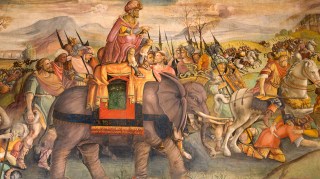 Hannibal on an elephant with his army, on the wall of the Palazzo dei Conservatori Capitoline Museum in Rome