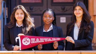 Tasneen Hossain, left, Feyisara Adeyemi and Harmanpreet Garcha won full scholarships to study sciences at Harvard and Princeton