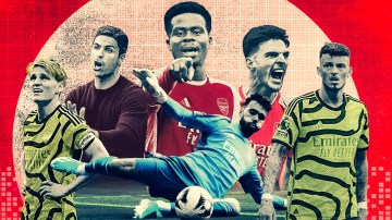Arsenal, led by Arteta, second left, and inspired by the likes of Odegaard, left, Saka, centre, Rice, White and Raya, have run City close this season