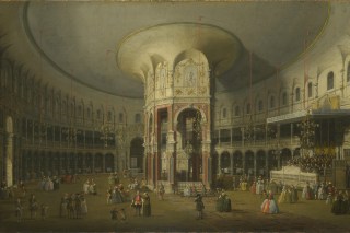 London: Interior of the Rotunda at Ranelagh (1754) by Canaletto lends its sense of perspective to a diamond collar, below