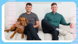 Phil, 31, at his house in the northwest of England with his red fox labrador, Bertie, and Tom, 34