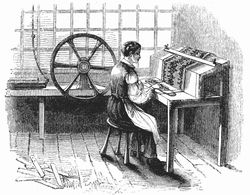 Man operating machine punching cards for Jacquard looms, 1844.