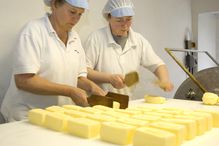 Two women making butter in dairy