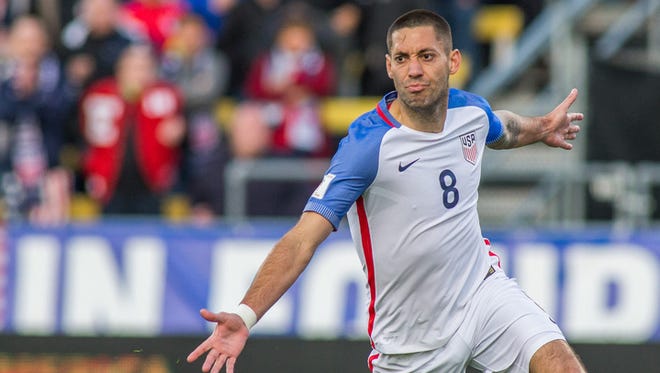 United States forward Clint Dempsey (8) celebrates after scoring a goal in the first half against Guatemala during the semifinal round of the 2018 FIFA World Cup qualifying soccer tournament.