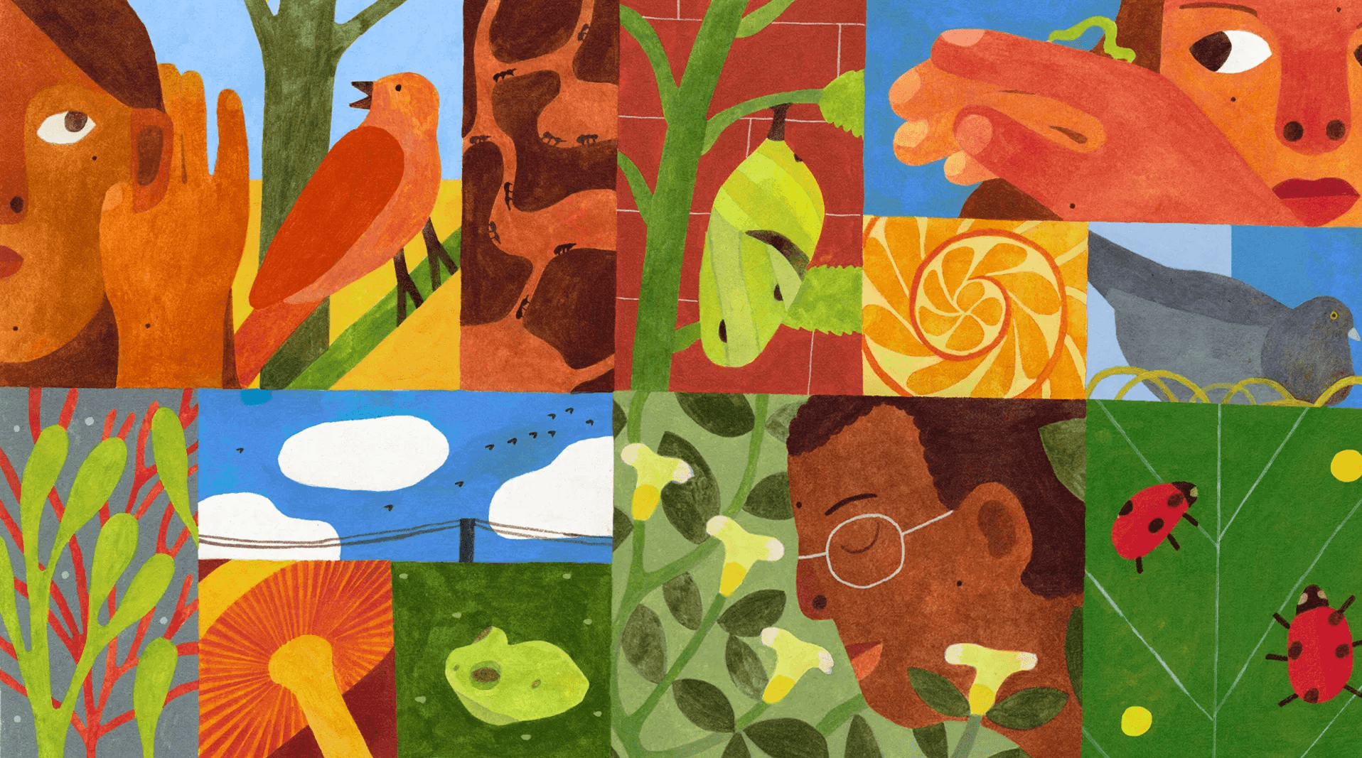 Brightly-colored Spring-themed illustrations with people, insects, birds, plants, and other wildlife