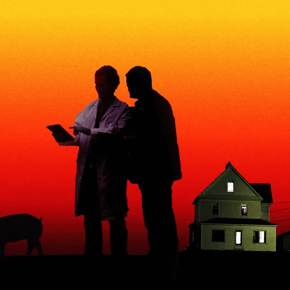 An image of two people in lab coats, their faces in shadow, looking at a clipboard. Behind them is a pig and a farm house, the sky a dramatic ombre of yellow and red.