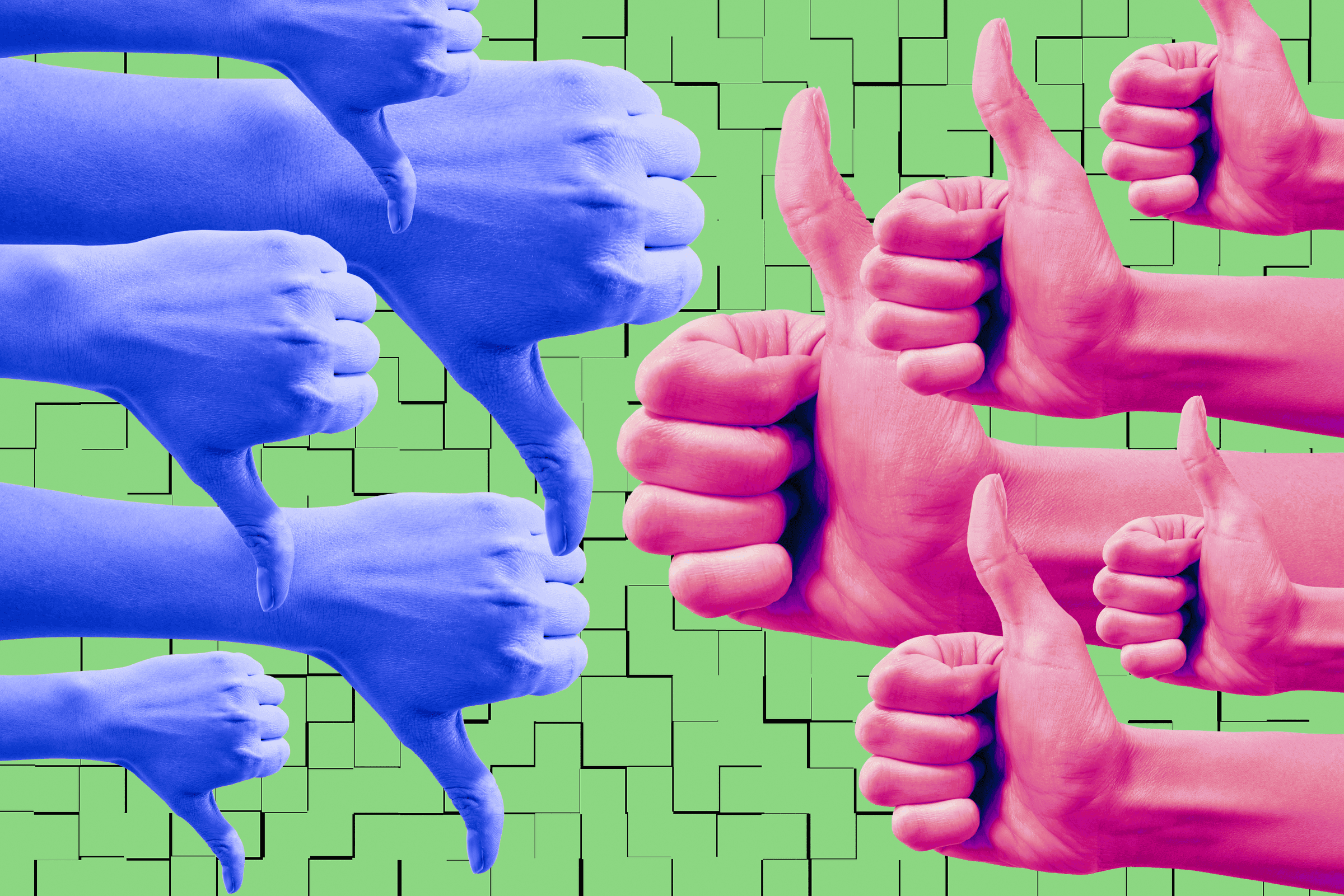 A collage-style illustration with a collection of photorealistic blue hands doing thumbs down and red hands giving thumbs up on the right side of the image on an illustrated green background.
