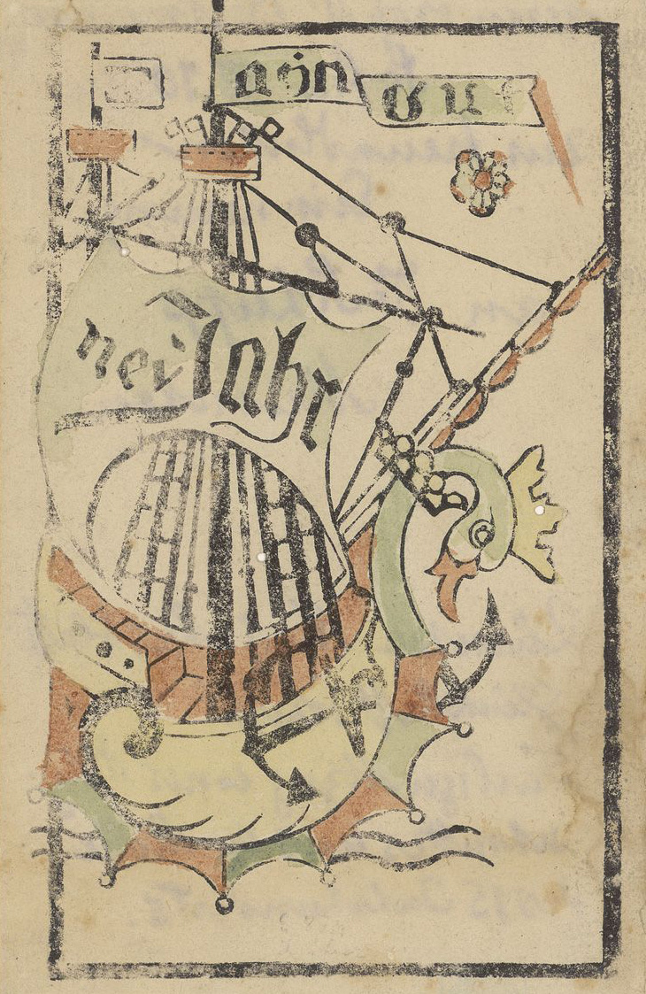 Neujahrswünsche mit Segelschiff, Einblattdruck als kolorierter Holzschnitt um 1460. Signatur: EDR 1.0014.001 Pp