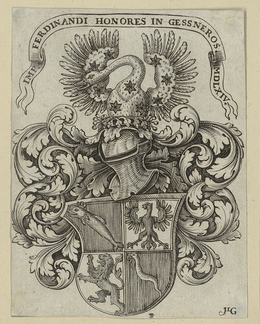 Exlibris mit Vollwappen der Familie Gessner von 1564. Signatur: Gessner, Konrad (a) I, 17