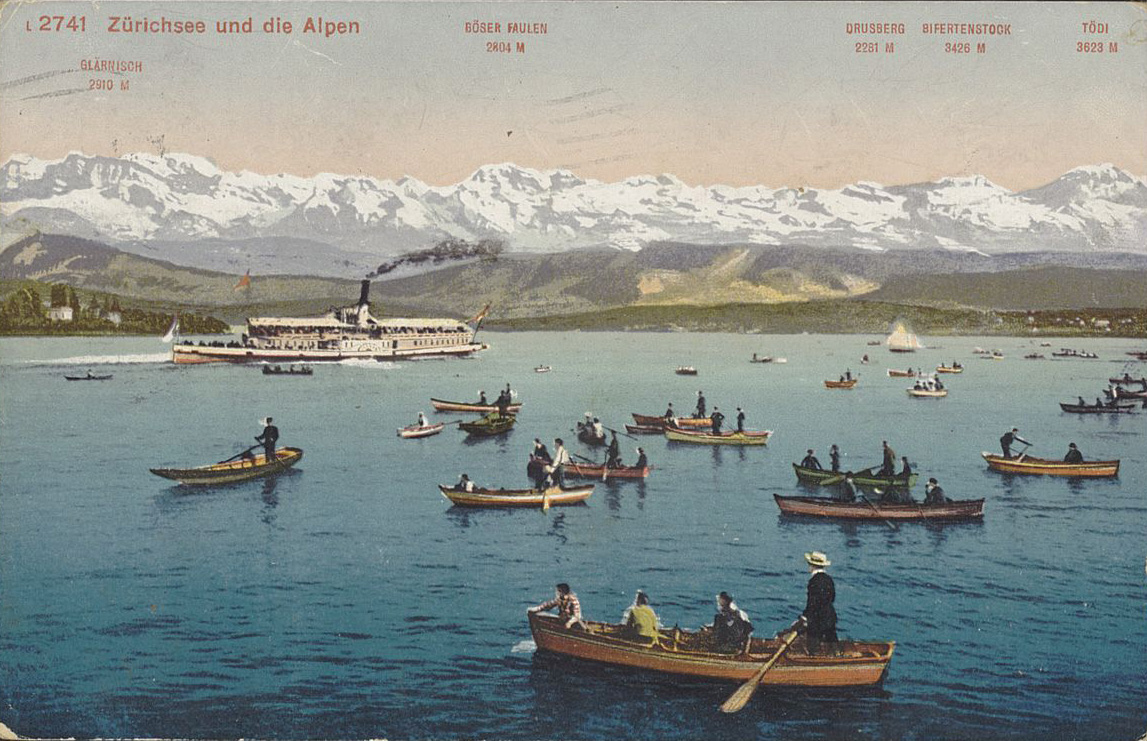 Postkarte mit Zürichsee und den Alpen um 1917. Signatur: Ansichtskarten, ZH, Zürichsee, 3