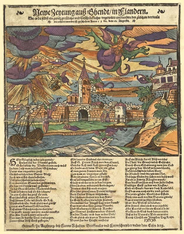 Unwetterkatastrophe über Gent und Mecheln am 15. August 1586, kolorierter Holzschnitt aus der Sammlung von Johann Jakob Wick, Chorherr am Zürcher Grossmünster. Signatur: PAS II 24/7