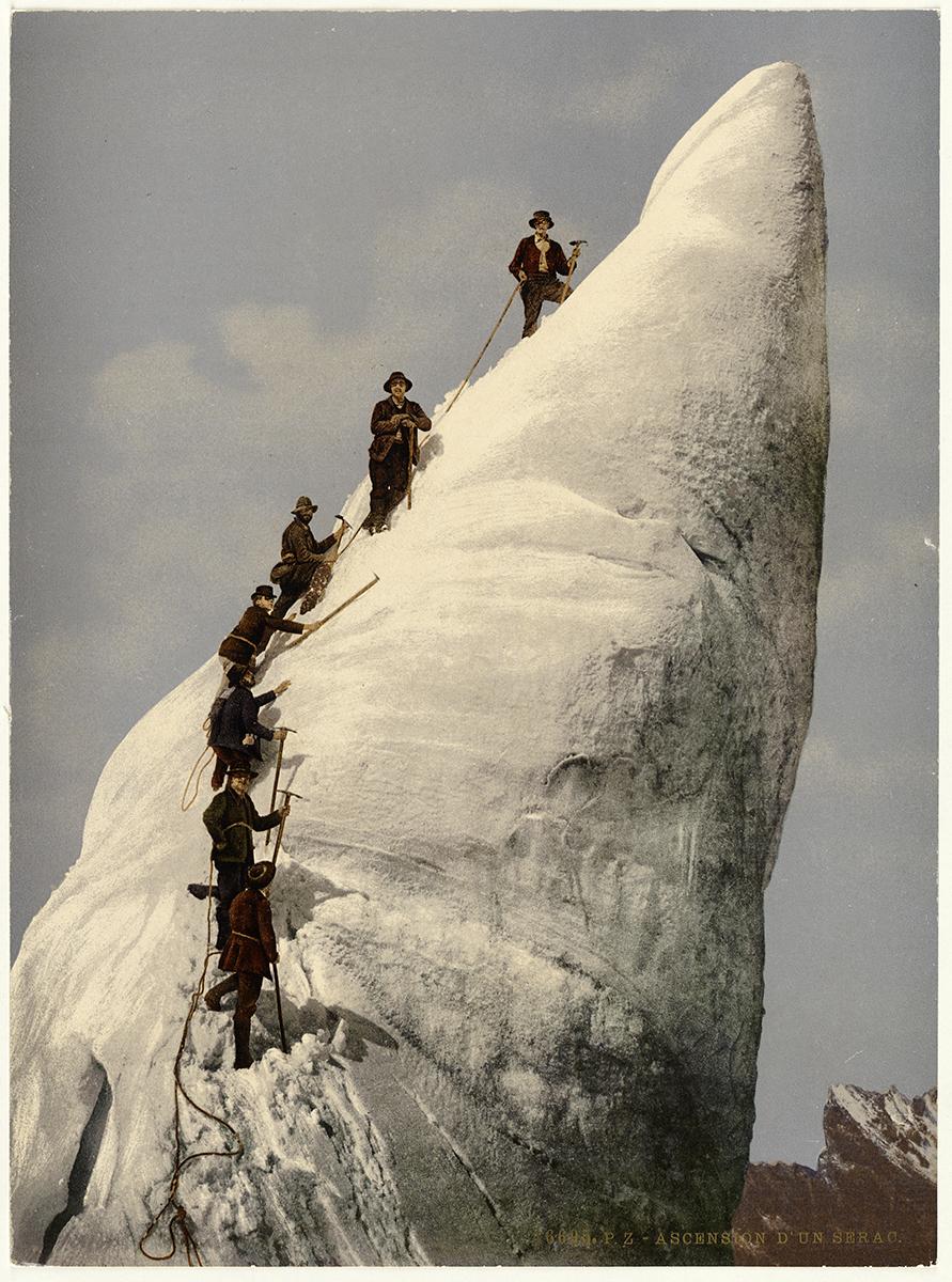 Besteigung eines Gletscherturms im Vallée de Chamonix, 1899. Signatur: Sammlung Photochrom, Volkskunde, Allerlei
