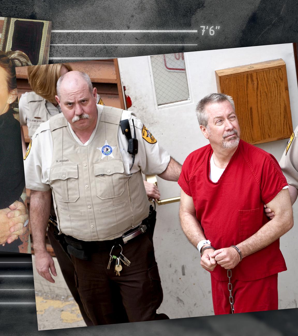 Montage zweier Fotos neben graphischen Elementen: Ein Foto zeigt Drew Peteron 2008 auf dem Weg ins Gericht, das andere Foto zeigt ihn mit seiner vierten Frau 2007.