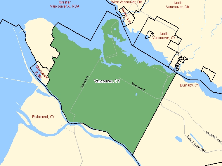Map: Vancouver, City, Census Subdivision (shaded in green), British Columbia