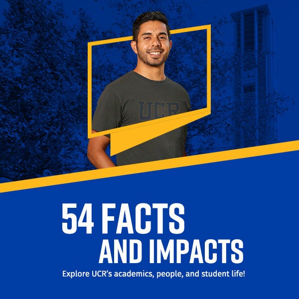 Graphic illustration promoting 54 Facts and Impacts: Explore UCR's academics, people, and student life! A male student is framed by a gold UCR logo icon frame.