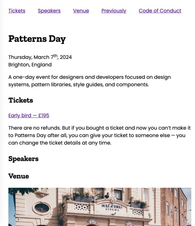A screenshot of the web page for Patterns Day with web fonts applied.