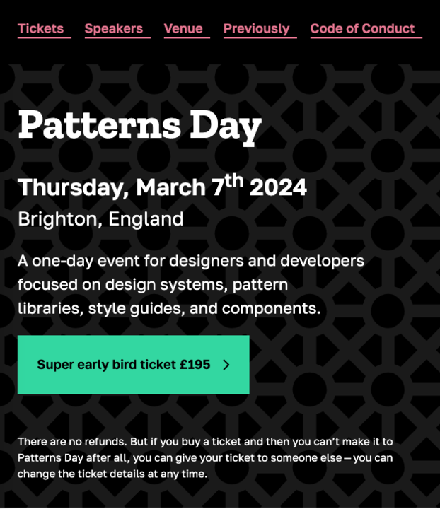 A screenshot of the web page for Patterns Day with some changes applied.