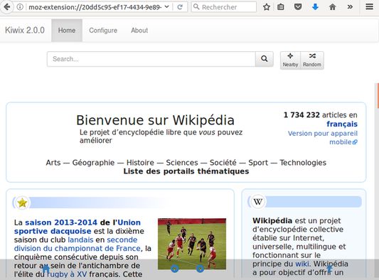 Main page of wikipedia (French version) read offline by Kiwix