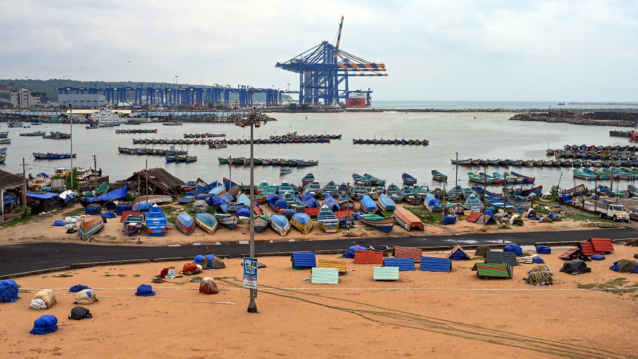 Fishing boats docked at Vizhinjam fishing harbour following a rough sea alert. (PTI)