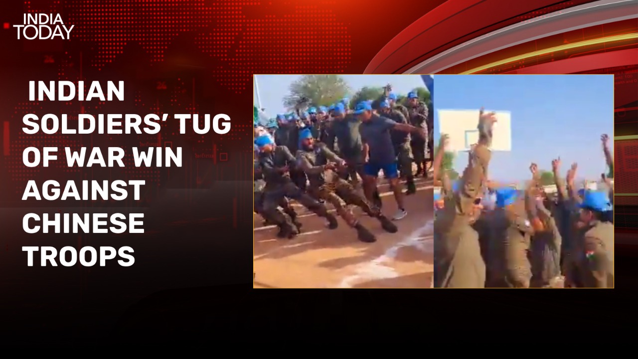 Indian Army men beat Chinese troops in tug of war. 