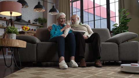 Cheerful white-haired aged people enjoying domestic leisure sitting on sofa with cute puppy while robot vacuum cleaner working. Modern elders spending free time while robotic cleaner cleaning carpet - Βίντεο στοκ