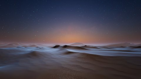 Beautiful desert landscape in cool moonlight at night. The camera flies above sand dunes. A sky full of stars. Desert area. Ecological environment. Drought. Problems with water. Global warming. 스톡 비디오