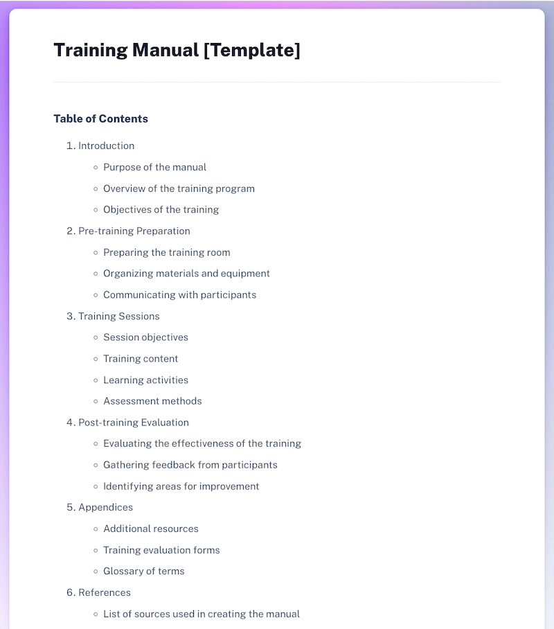 Table of Contents for a training manual