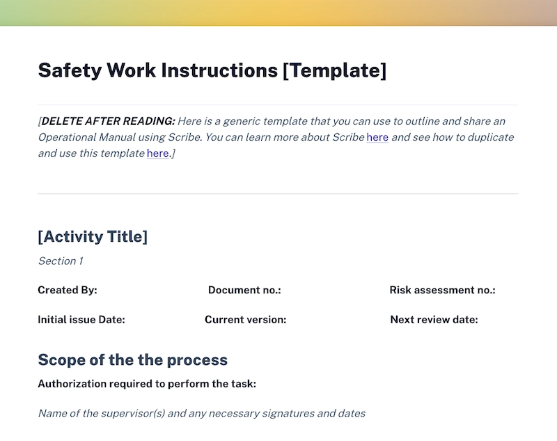 Free safety work instructions template for your training manual