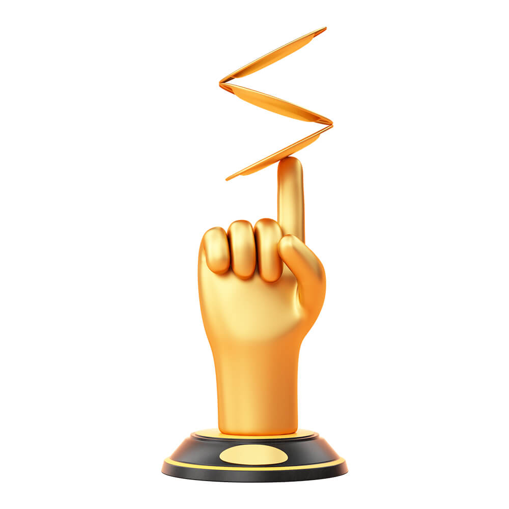 A gold trophy of a hand with the index finger balancing 3 plates
