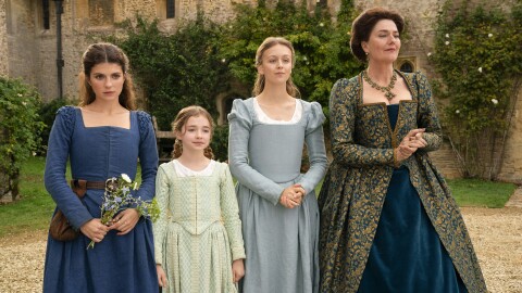 Emily Bader as Lady Jane Grey, Robyn Betteridge as Margaret Grey, Isabella Brownson as Katherine Grey and Anna Chancellor as Frances Grey in 'My Lady Jane' on Prime Video