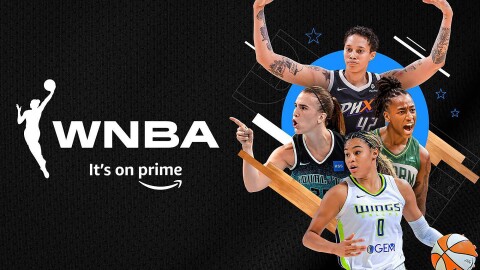 A graphic showing the WNBA logo with lettering under it that says "It's on Prime." Next to the lettering you see an image with multiple action shots of WNBA players overlayed.