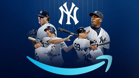 A collage-style photo of six New York Yankees players swinging their bats. 