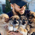 man in sunglasses and cap holding 4 puppies in his arms