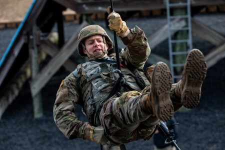 Capt. Michael Johnson conducts a rappelling rehearsal prior to an event at the 2023 Best Medic Competition at Fort Johnson, Louisiana, Jan. 22, 2023. Johnson combines his love of medicine and tactical operations whenever he can. 