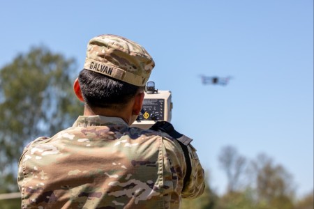 Spc. Edgar Galvan, a Geospatial Intelligence Imagery Analyst, with Main Command Post Operational Detachment, 1st Cavalry Division, Texas Army National Guard, conducts counter-small unmanned aerial systems training (C-sUAS) in Boleslawiec, Poland, May 15, 2024. The 1st Cavalry Division’s mission is to engage in multinational training and exercises across the continent, strengthening interoperability with NATO allies and regional security partners which provides competent and ready forces to V Corps, America’s forward-deployed corps in Europe.