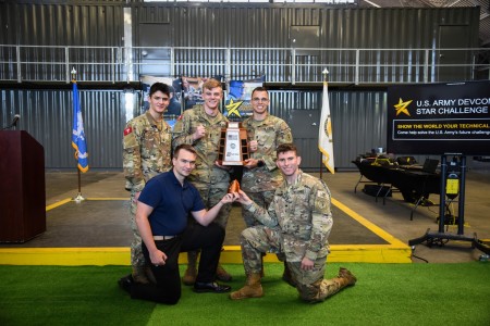 The winning team, Insight Infantry, from The Citadel, pose with the device they created during the U.S. Army Combat Capabilities Development Command’s inaugural Science, Technology, and Research Challenge Finalist Event at Fort Belvoir, Virginia, April 22, 2024. During the STAR Challenge, students from senior military colleges were tasked with designing capabilities to detect items of potential interests to Soldiers. 