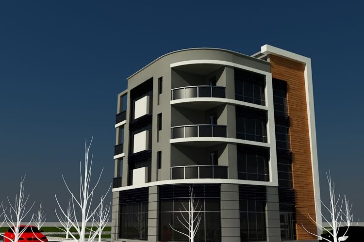 3D rendering of a modern multi-story building showcasing sleek balconies, contrasting textures, and a wooden accent panel, exemplifying contemporary Architectural Design.