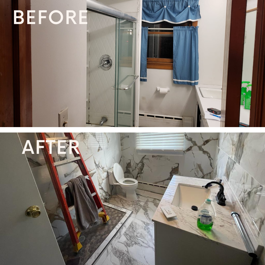 Before and after views of a Brooklyn bathroom renovation showcasing a transformation from an outdated design to a modern marble-themed bathroom, featuring a new glass shower enclosure, sleek sink, and stylish tiled flooring.