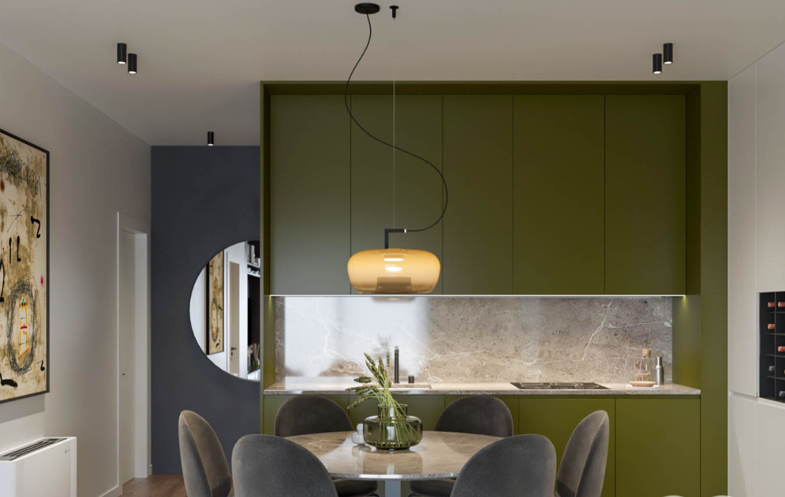 Chic kitchen remodeling in Brooklyn NY with olive green cabinets and modern pendant lighting by ArchiBuilders.