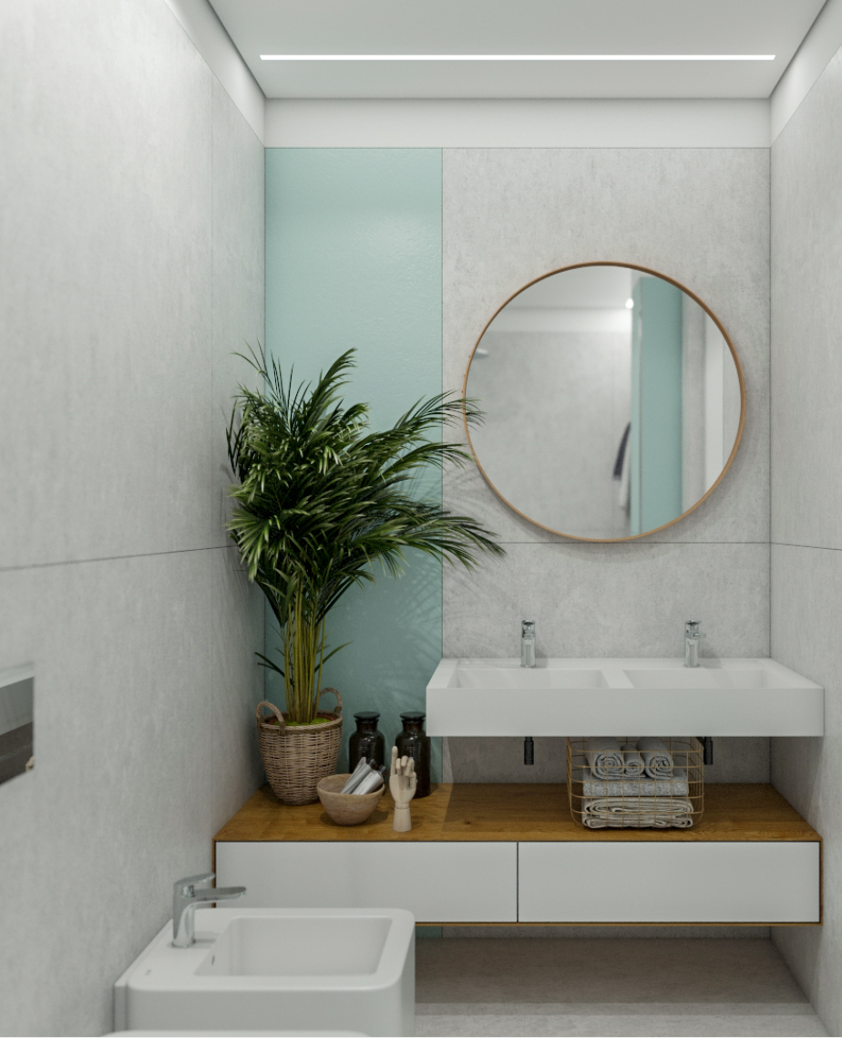 Contemporary Brooklyn bathroom renovation with a minimalist design, double sink vanity, and indoor plants