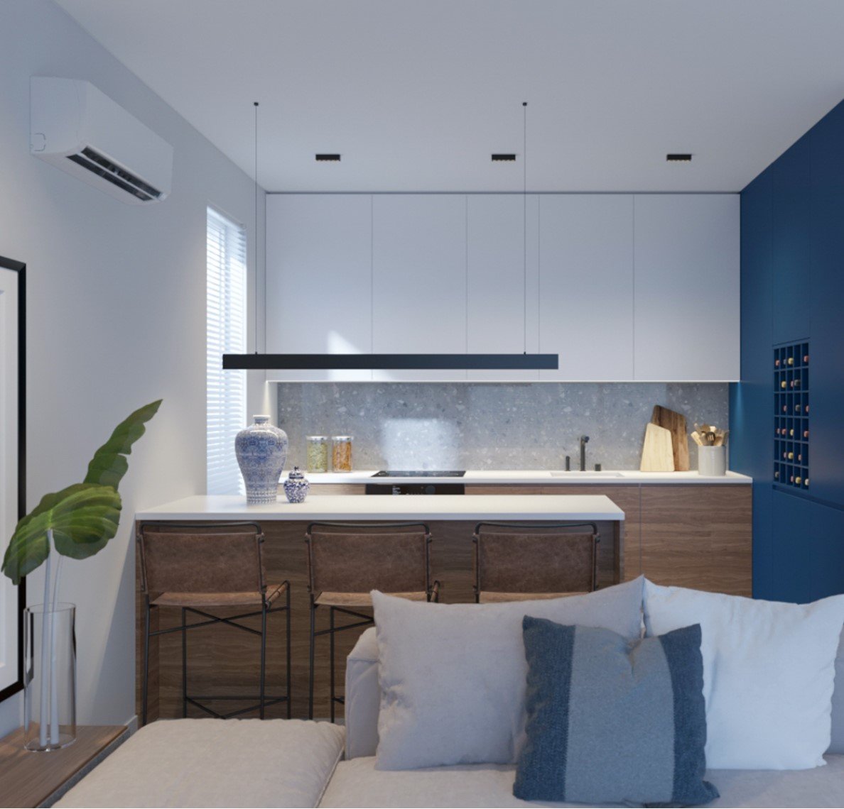 "Modern kitchen remodel featuring a white and blue color scheme, sleek cabinetry, and a cozy seating area.