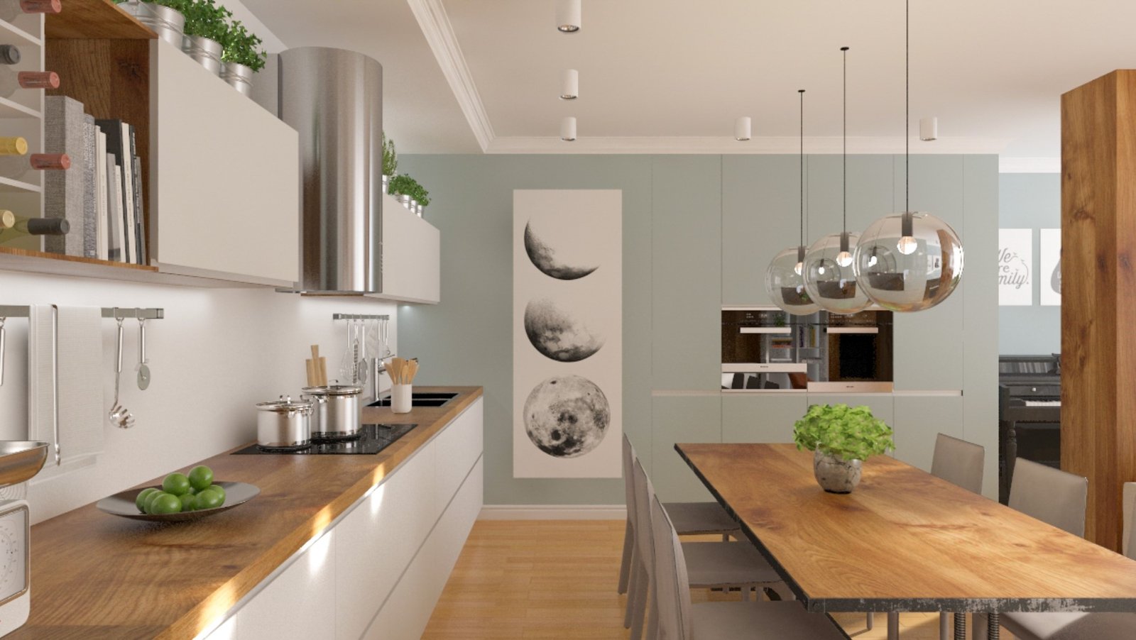 Interior renovation featuring a sleek kitchen design with a wooden countertop, transparent globe pendant lights, and a decorative moon phase wall art.
