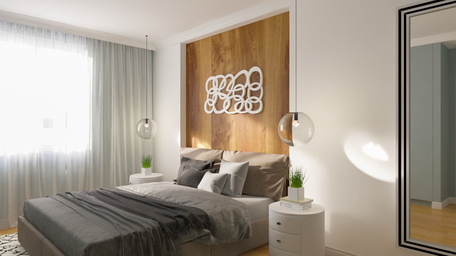 "Interior renovation of a serene bedroom featuring a wooden accent wall with a unique white abstract artwork, a plush gray bed adorned with neutral pillows, transparent globe pendant lights, and a modern white bedside table with green plants."
